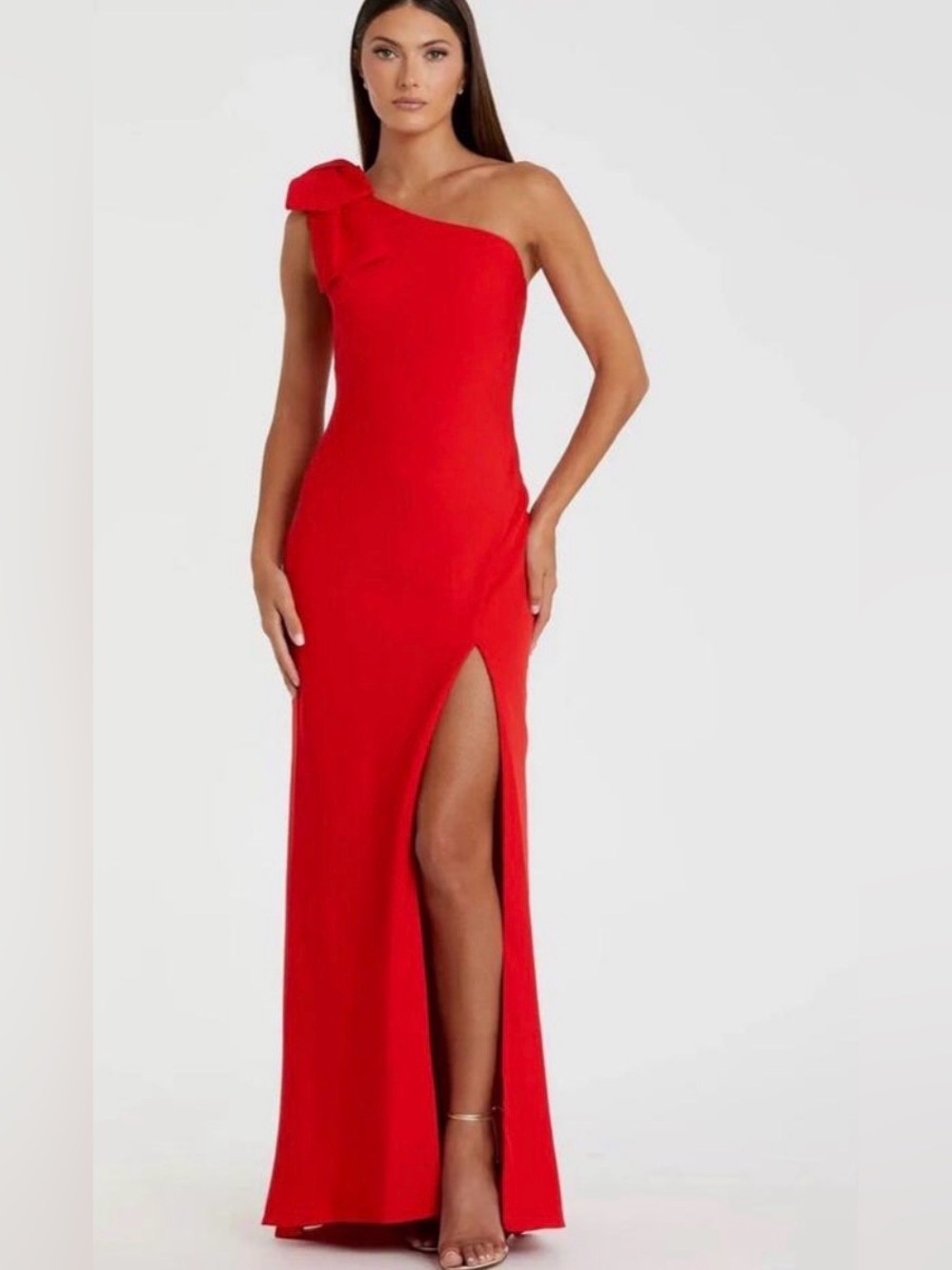 Ieena for Mac Duggal 26665 Red Bow One Shoulder Side Slit Gown READ